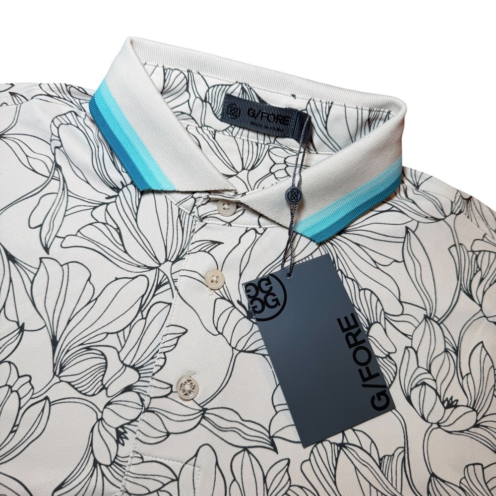 G/FORE Outline Iris Banded Sleeve Tech Pique Golf Polo Shirt Mens S Floral NWT